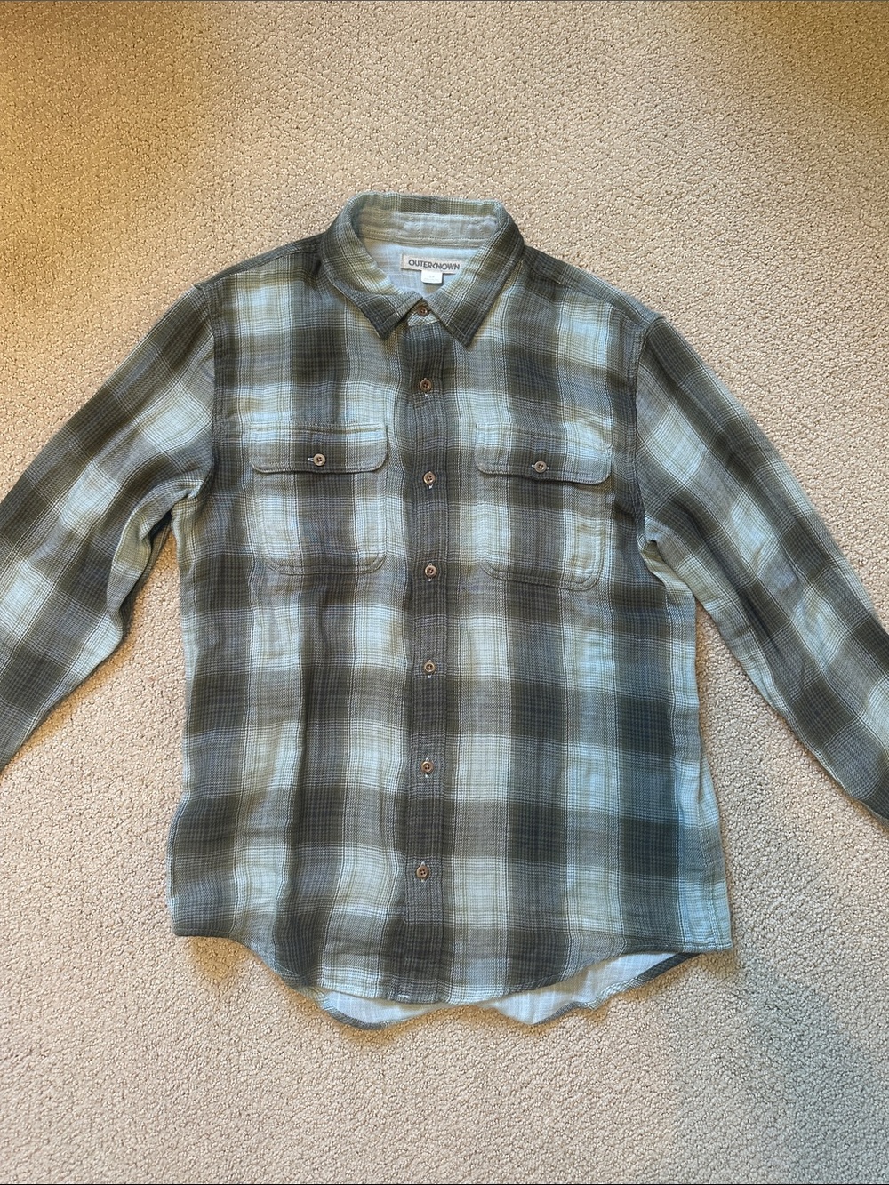 Outerknown Men's Olive and Light Aqua Plaid Button-Down Shirt
